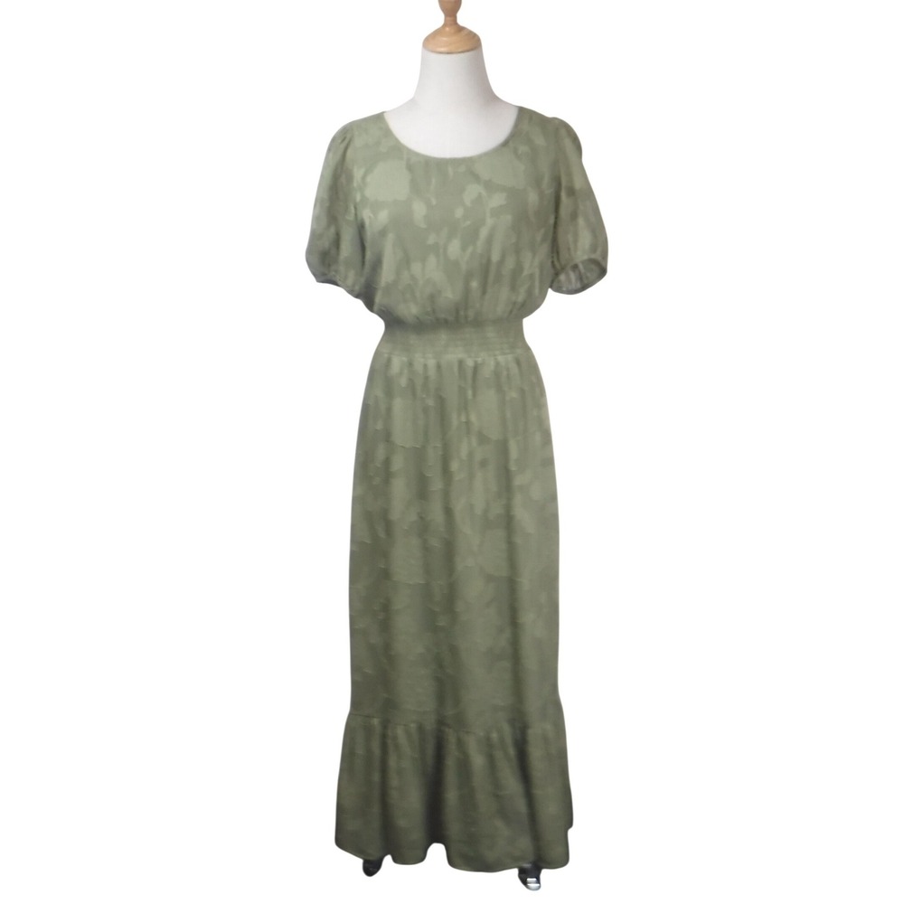 Les Serein Women's Small Sage Green Floral Burnout Maxi Dress Short Puff Sleeve